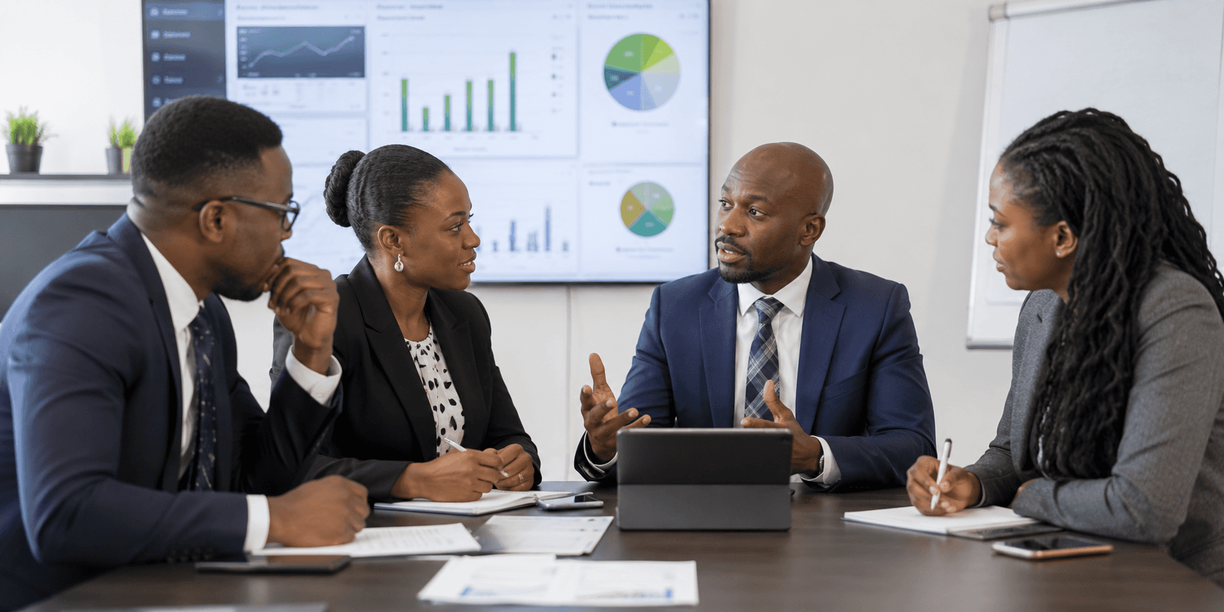 A leadership team reviewing performance dashboards in a boardroom
