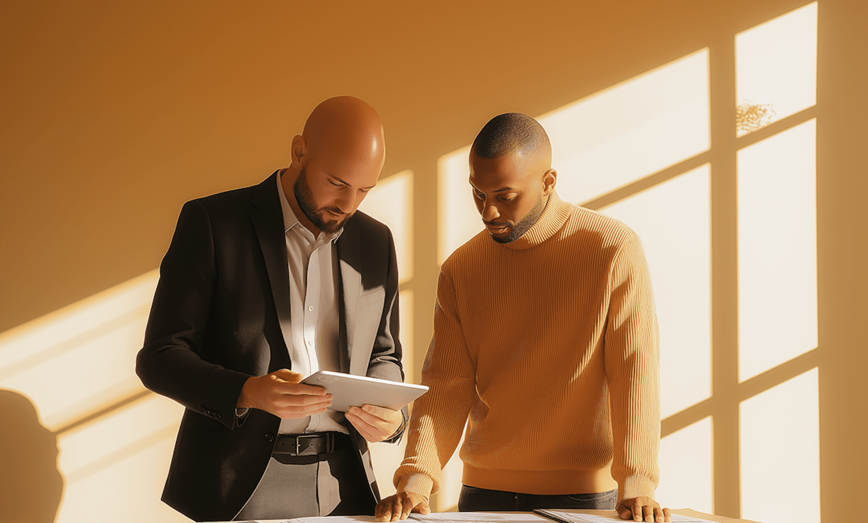 Two colleagues reviewing figures on a tablet in warm afternoon light