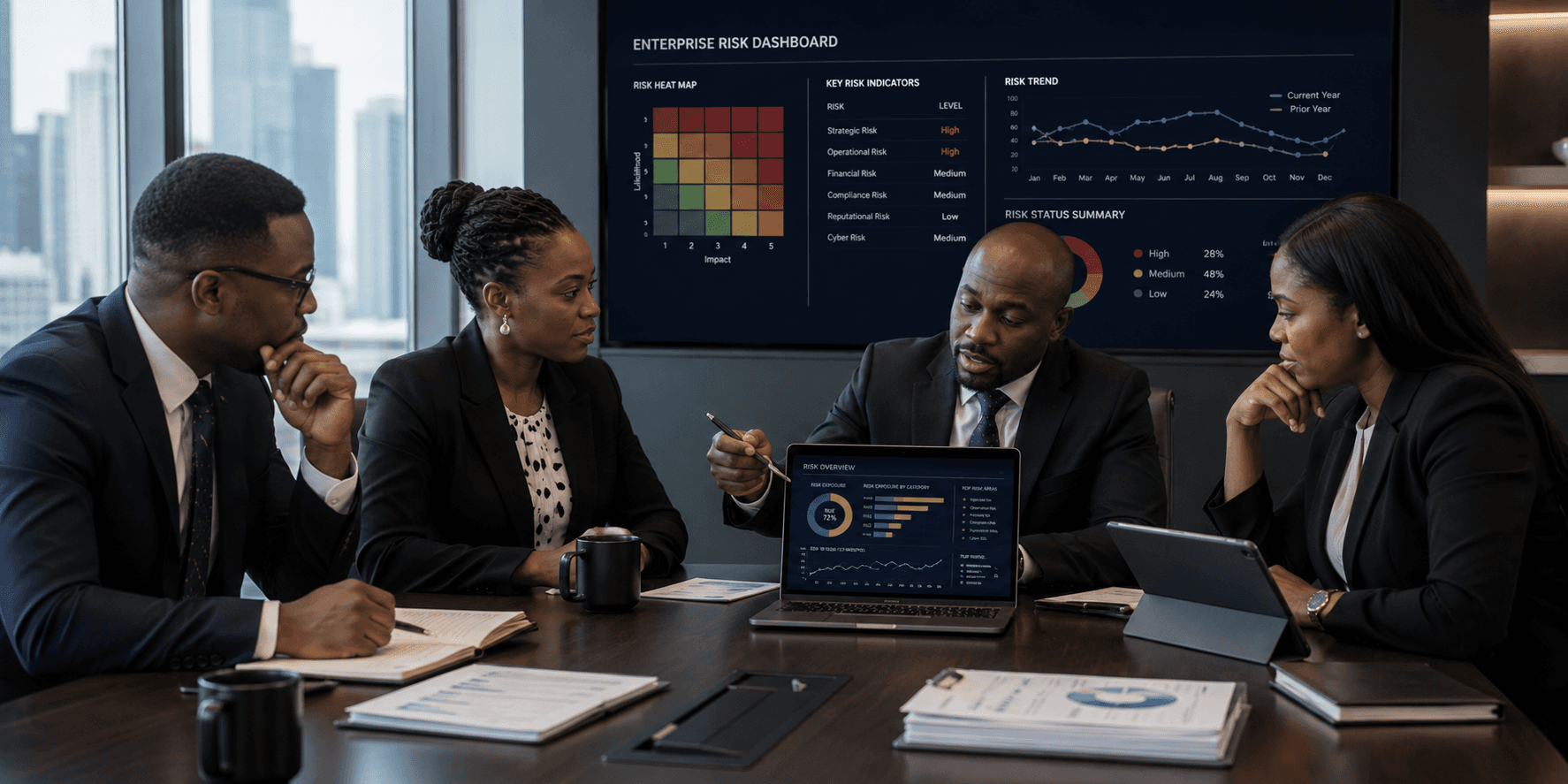 A team walking through an enterprise risk dashboard